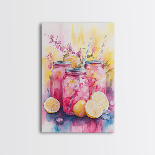 Pink Lemonade Watercolor Framed Canvas Print - Cottagecore Summer Decor, Unique Kitchen Art, Lemon Painting Whimsical Wall Art
