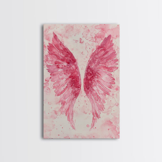 Angel Wings Watercolor Framed Canvas Print - Light Pink Wall Art, Whimsical Angel Art Prints, Cottagecore Bedroom Decor