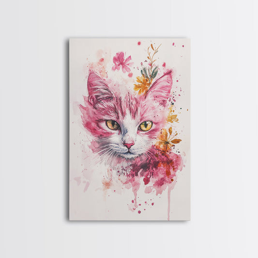 Floral Cat Portrait Watercolor Framed Canvas Print - Whimsical Cottagecore Decor, Pink Animal Wall Art, Unique Bedroom Art