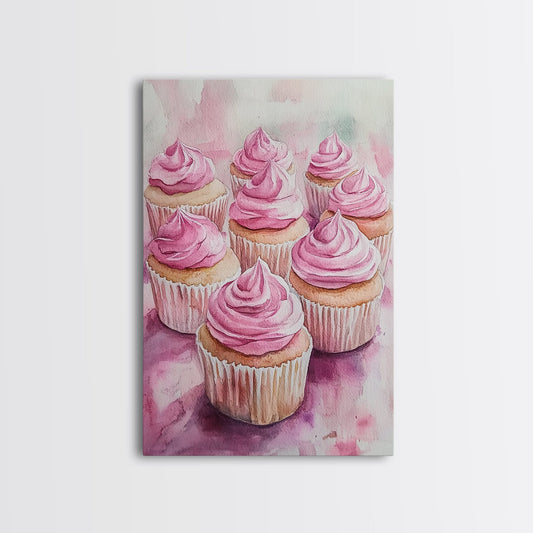 Pink Cupcake Art Canvas Print Kitchen Decor Dessert Illustration Rustic Artwork Food Review Kitchen Art Gift Idea For Her