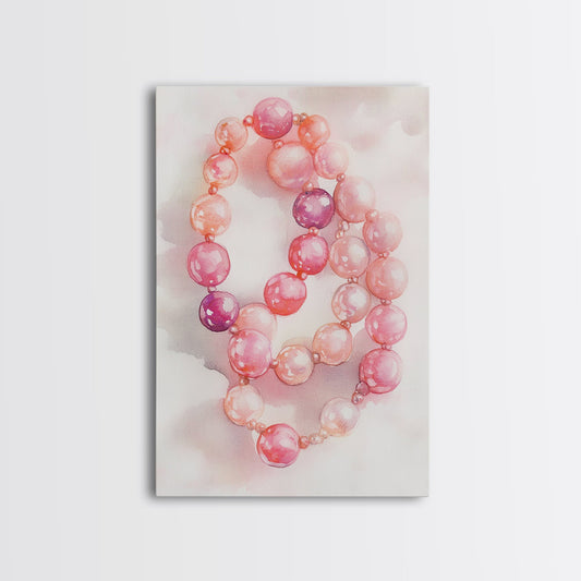 Pink Pearl Necklace Canvas Print Feminine Decor Rustic Jewelry Illustration Gift Idea For Her Cottagecore Artwork Bedroom Art