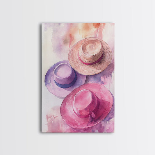 Rustic Hat Trio Canvas Print Cottagecore Fashion Decor Light Pink Artwork Bedroom Art Rustic Gift Idea Cottagecore Wall Art