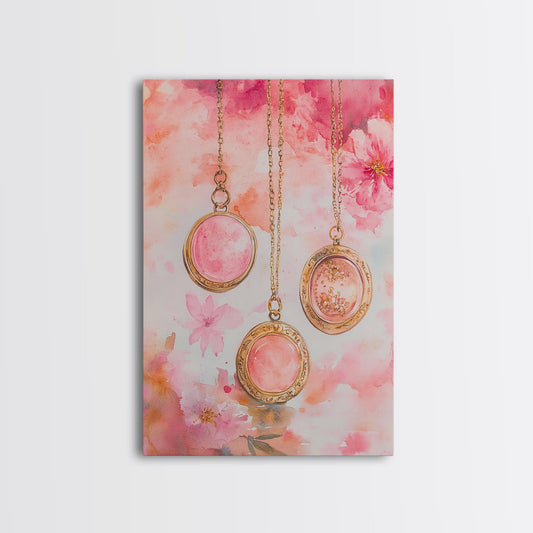 Vintage Lockets Canvas Print Romantic Jewelry Art Floral Cottagecore Artwork Bedroom Decor Gift Idea For Her Light Pink Wall Art
