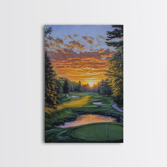 Scenic Golf Sunset Framed Canvas Print, Landscape Painting, Bedroom Wall Art, Rustic Decor, Horizontal Living Room Art