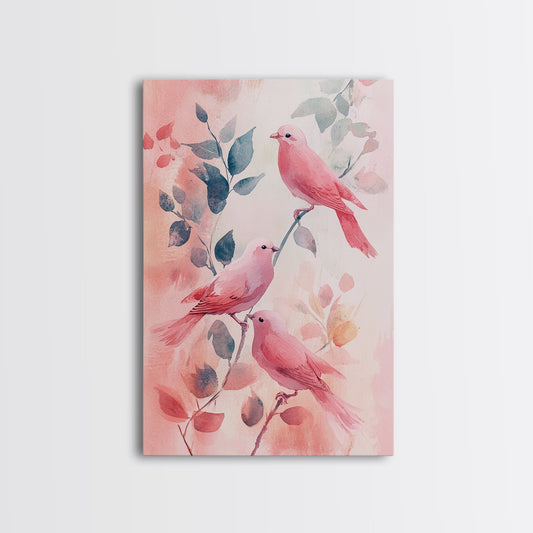Pink Bird Trio Canvas Print Cottagecore Decor Rustic Wall Art Bedroom Artwork Whimsical Cottagecore Artwork Bird Art Prints