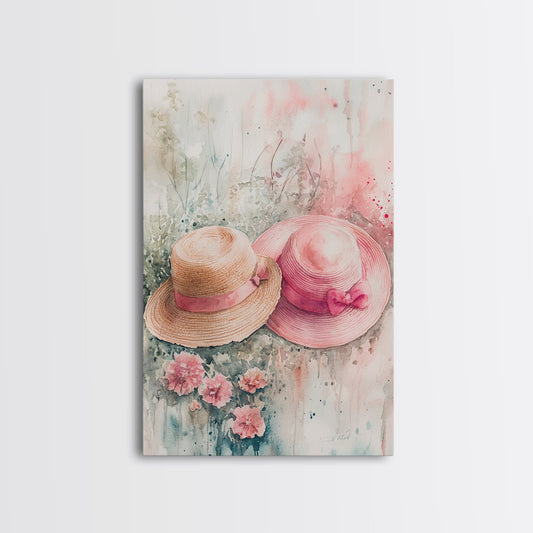 Soft Pink Hats Framed Canvas Print Cottagecore Wall Art Minimalist Botanical Prints Rustic Decor Light Pink Wall Art Gift Idea