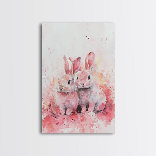 Adorable Bunny Pair Framed Canvas Print Whimsical Art Light Pink Wall Art Cottagecore Decor Farmhouse Style Bedroom Art Gift Idea