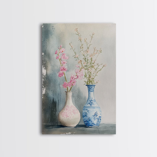Delicate Vases Framed Canvas Print Wildflower Painting Botanical Prints Minimalist Art Light Pink Wall Art Rustic Decor Gift Idea