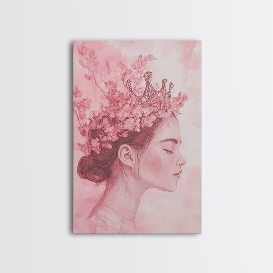 Floral Crown Framed Canvas Print Goddess Art Print Light Pink Wall Art Cottagecore Decor Whimsical Art Minimalist Bedroom Art