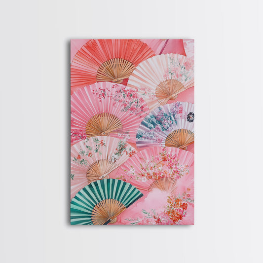 Cherry Blossom Fans Framed Canvas Print Chinoiserie Wall Art Pink Wall Art Floral Whimsical Art Cottagecore Decor Rustic Bedroom Art