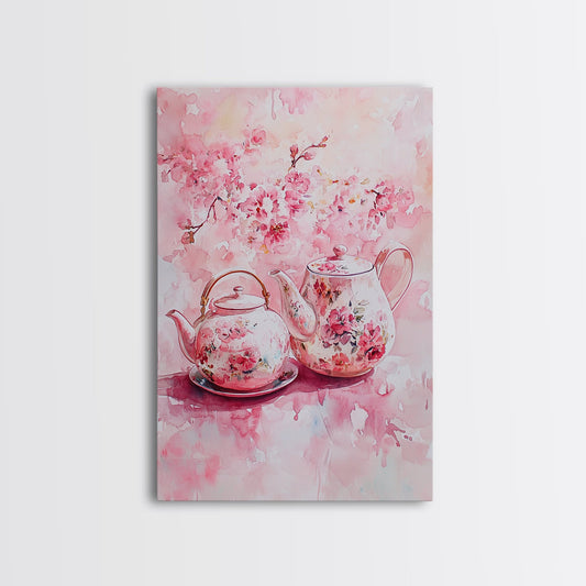 Floral Tea Set Framed Canvas Print Cottagecore Wall Art Rustic Decor Whimsical Art Light Pink Wall Art Farmhouse Style Gift Idea