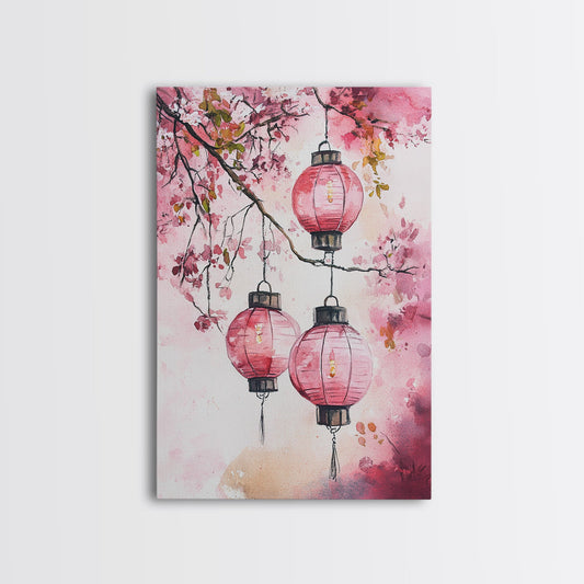 Lanterns and Blooms Framed Canvas Print Cherry Blossom Painting Chinoiserie Wall Art Cottagecore Decor Rustic Light Pink Wall Art Gift Idea