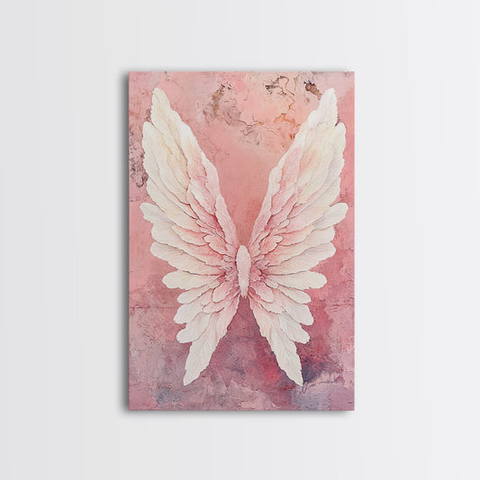 Angelic Wings Light Pink Wall Art Framed Canvas Print | Cottagecore Aesthetic Minimalist Zen Art | Above Bed or Dorm Wall Art