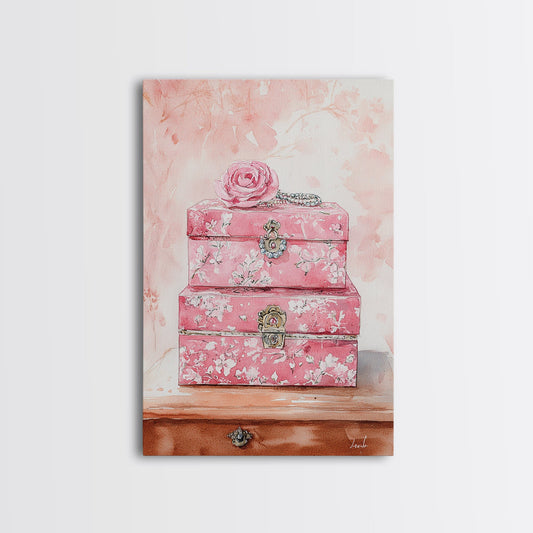 Floral Pink Jewelry Boxes Watercolor Art Framed Canvas Print | Cottagecore Bedroom or Vanity Art | Feminine and Vintage-Inspired Art