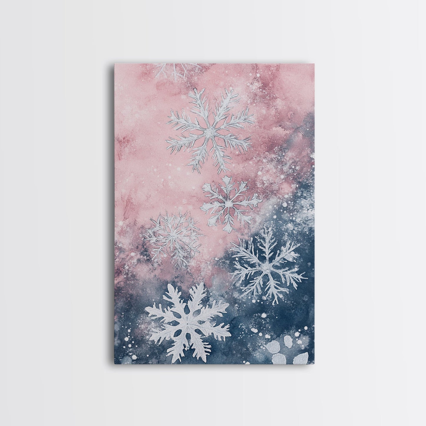 Snowflake Winter Light Pink Wall Art Framed Canvas Print | Wabi Sabi Minimalist Christmas Art | Cozy Holiday Living Room Decor