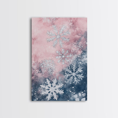 Snowflake Winter Light Pink Wall Art Framed Canvas Print | Wabi Sabi Minimalist Christmas Art | Cozy Holiday Living Room Decor