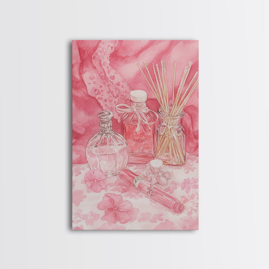 Perfume Bottles Light Pink Wall Art Framed Canvas Print | Cottagecore Vanity or Bathroom Art | Feminine and Romantic Decor
