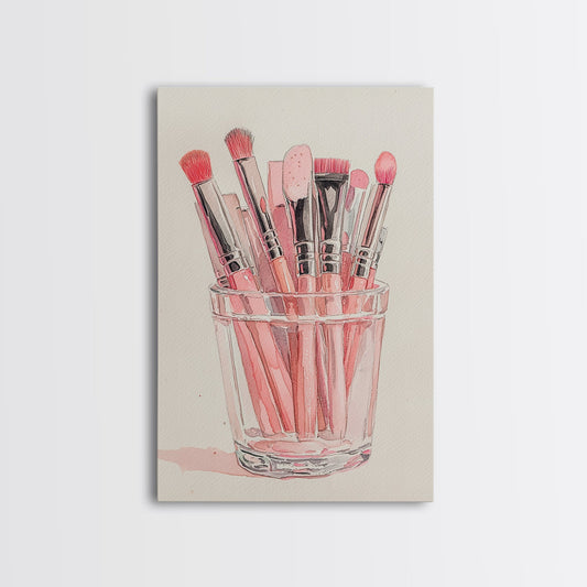 Makeup Brushes Feminine Pink Wall Art Framed Canvas Print | Cottagecore Vanity Art | Minimalist and Feminine Aesthetic Decor