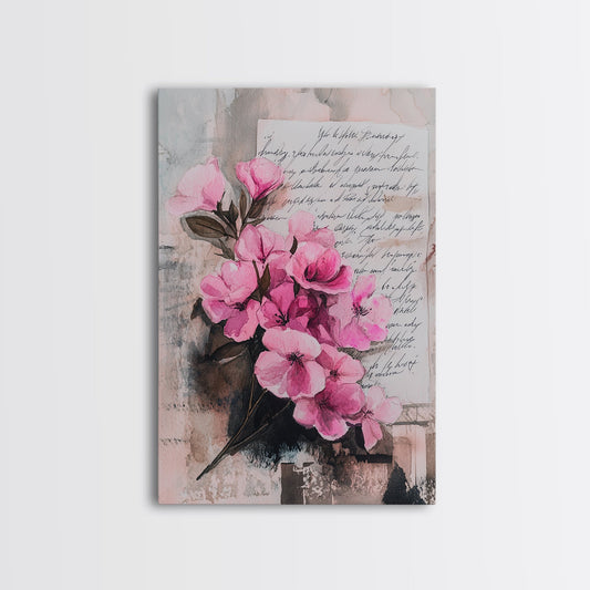 Floral Letters Cottagecore Pink Wall Art Framed Canvas Print | Feminine Botanical Bedroom or Living Room Art | Romantic Aesthetic