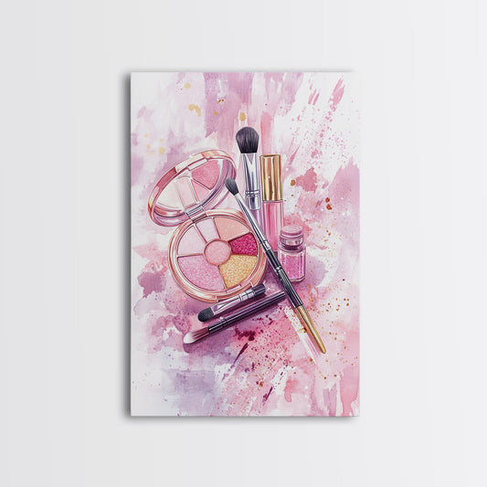 Glittering Makeup Pink Palette Art Framed Canvas Print | Feminine Vanity or Dorm Aesthetic Decor | Cottagecore Whimsical Art