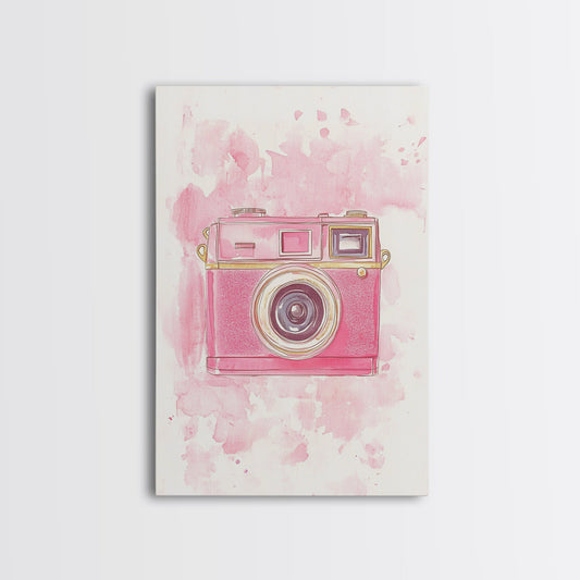 Retro Pink Camera Watercolor Art Framed Canvas Print | Vintage-Inspired Living Room or Photography Studio Decor | Whimsical Art