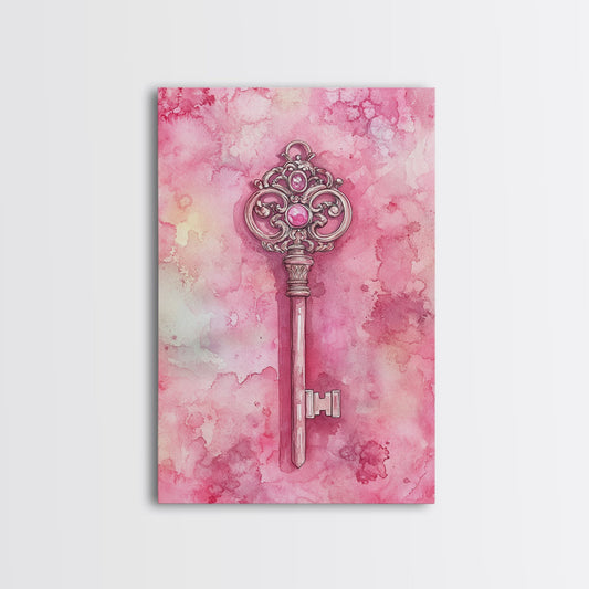 Ornate Key Framed Canvas Print Romantic Pink Abstract Wall Art Whimsical Cottagecore Decor Feminine Bedroom Gift Vintage Minimal Art