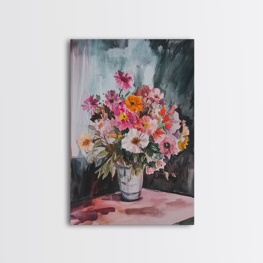 Floral Bouquet Framed Canvas Print Vibrant Wildflower Wall Art Cottagecore Botanical Prints Living Room Rustic Decor Whimsical Art