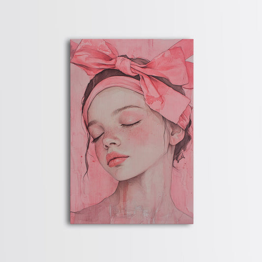 Portrait Girl Framed Canvas Print Feminine Pink Abstract Art Whimsical Minimalist Bedroom Wall Art Gift Idea Cottagecore Romantic Decor