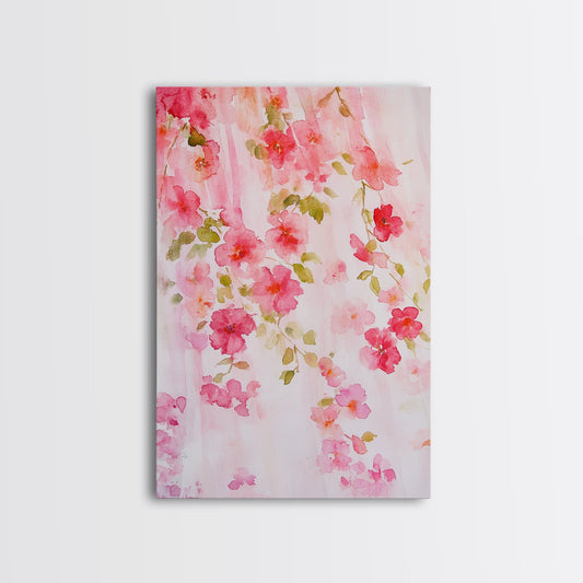 Cherry Blossom Canvas Print, Cascading Pink Flowers Painting, Spring Floral Art, Botanical Prints Rustic Wall Art, Cottagecore Style