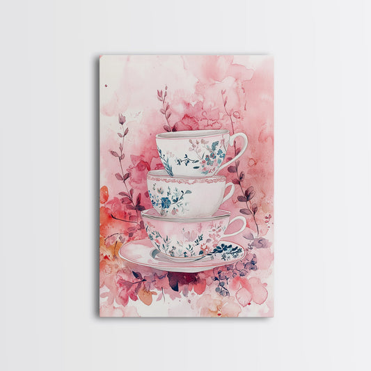 Vintage Floral Teacups Framed Canvas Print, Cottagecore Wall Art, Pink Kitchen Decor, Whimsical Floral Art, Gift Idea Her Tea Room Decor