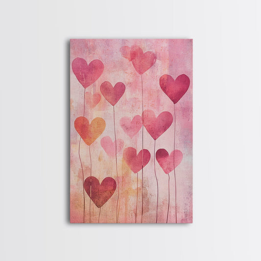 Romantic Heart Balloons Framed Canvas Print, Pink Wall Art, Valentine’s Day Aesthetic, Whimsical Cottagecore Art, Bedroom Decor Gift Idea