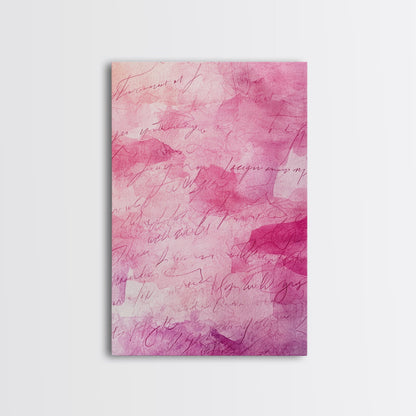 Calligraphy Pink Abstract Framed Canvas Print, Light Pink Wall Art, Romantic Handwriting Aesthetic, Minimalist Art Bedroom or Office Decor