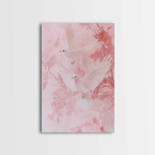 Elegant White Doves Framed Canvas Print, Bird Wall Art, Angelic Cottagecore Aesthetic, Pink Romantic Bedroom Decor, Wedding Gift Idea
