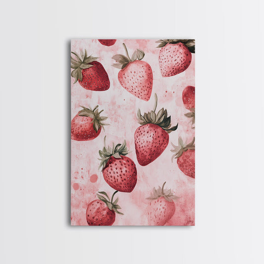 Watercolor Strawberries Framed Canvas Print, Whimsical Cottagecore Art, Pink Kitchen Wall Decor, Summer Farmhouse Aesthetic, Food Lover Art