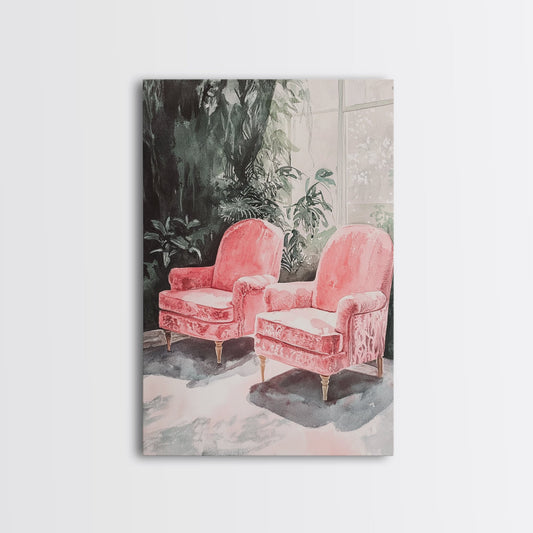 Vintage Pink Chairs Framed Canvas Print, Moody Art for Living Room, Cottagecore Rustic Wall Art, Minimalist Cozy Indoor Decor, Gift Idea Him