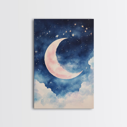 Crescent Moon Painting Canvas Print Bedroom Art Moody Night Sky Painting Above Bed Wall Art Whimsical Art Gift Idea Light Decor