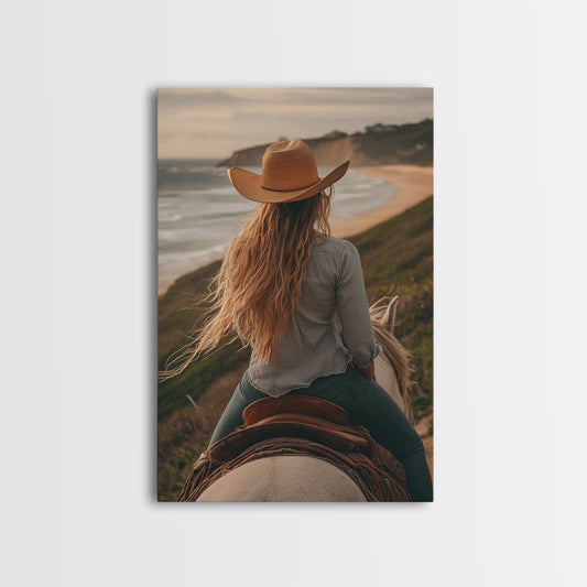 Coastal Cowgirl Riding Canvas Print Horse and Ocean Landscape Art Rustic Decor Western Inspired Framed Art Bedroom Living Room Gift