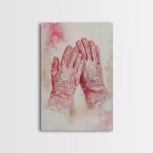 Vintage Gloves Framed Canvas Print Pink Wall Art Romantic Decor Gift Idea Victorian Aesthetic Bedroom Art Cottagecore Style