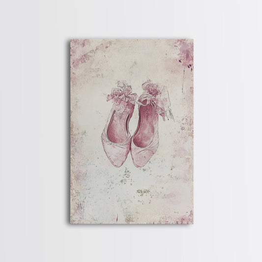 Pink Ballet Shoes Framed Canvas Print Romantic Rustic Decor Victorian Aesthetic Art Cottagecore Style Bedroom Art Gift Idea
