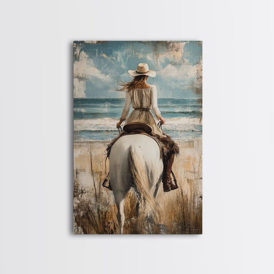 Rustic Horseback Beach Scene Canvas Print Coastal Cowgirl Wall Art Rustic Decor Western Art Nautical Decor Bedroom Living Room Accent