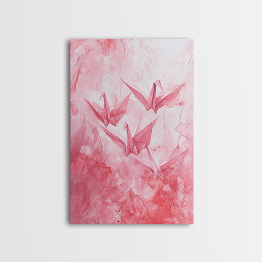 Origami Cranes Canvas Print Japanese Inspired Light Pink Wall Art Whimsical Minimalist Rustic Aesthetic Unique Gift Idea Art