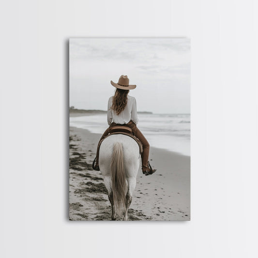 Serene Beach Ride Canvas Print Horse and Ocean Wall Art Coastal Cowgirl Rustic Decor Framed Canvas Home Living Room Artwork Gift