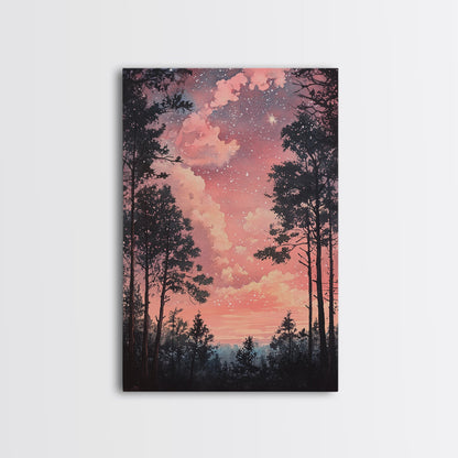 Starry forest scene painting on framed canvas print, forest at dusk painting, smoky mountain art, wabi sabi art, above couch decor