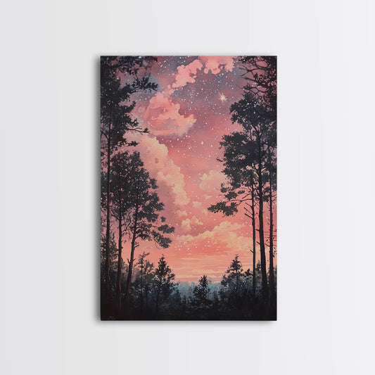 Starry forest scene painting on framed canvas print, forest at dusk painting, smoky mountain art, wabi sabi art, above couch decor