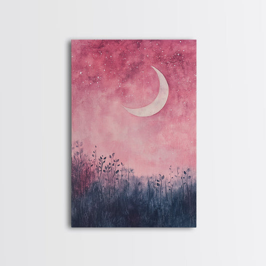 Crescent moon painting on framed canvas print, moody art, pink abstract art, cherry blossom painting, vertical wall art decor