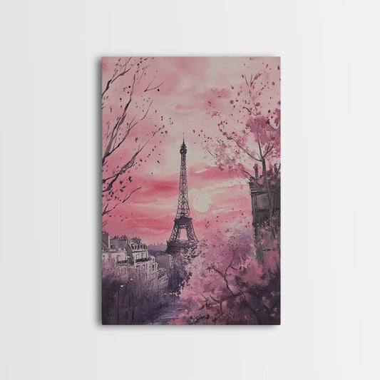 Paris Eiffel Tower Canvas Print Cherry Blossom Painting Romantic Cityscape Art Bedroom Wall Art Boho Dorm Rustic Decor Gift