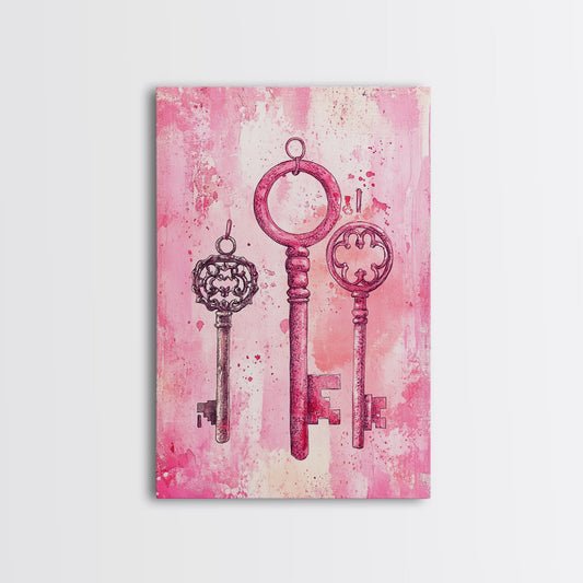 Rustic Skeleton Key Art Framed Canvas Print Cottagecore Wall Art Living Room Decor Pink Abstract Art Vintage Style Gift Idea