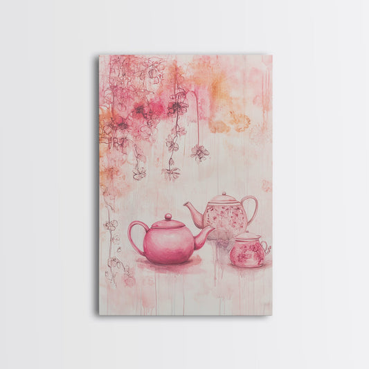 Floral Tea Set Artwork Framed Canvas Print Cottagecore Wall Art Botanical Prints Rustic Decor Living Room Art Romantic Aesthetic