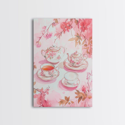 Light Pink Wall Art Canvas Print Tea Set Artwork Cottagecore Decor Botanical Print Farmhouse Decor Living Room Above Sofa Art