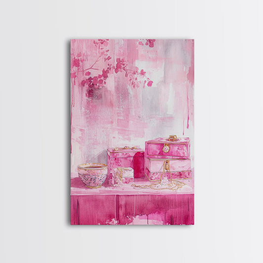 Jewelry Box Illustration Canvas Print Minimalist Pink Wall Art Whimsical Cottagecore Decor Bedroom Art Wabi Sabi Style Framed